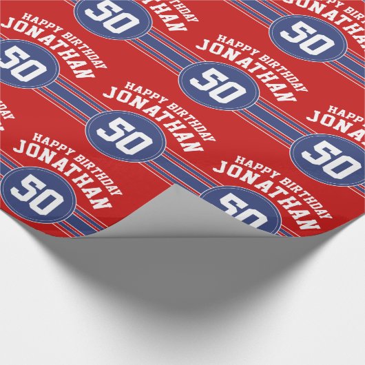 Happy Birthday Sports Stripes with Age - Red Blue Cadeaupapier (Hoek)