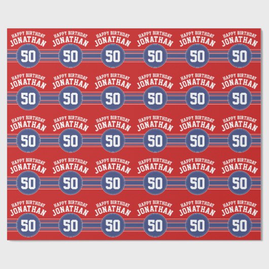 Happy Birthday Sports Stripes with Age - Red Blue Cadeaupapier (Vlak)