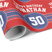 Happy Birthday Sports Stripes with Age - Red Blue Cadeaupapier (Rol Hoek)