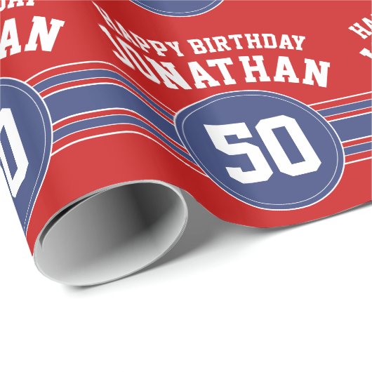 Happy Birthday Sports Stripes with Age - Red Blue Cadeaupapier (Rol Hoek)