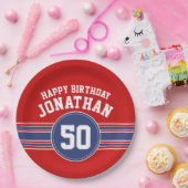 Happy Birthday Sports Stripes with Age - Red Blue Papieren Bordje (Feest)