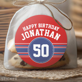 Happy Birthday Sports Stripes with Age - Red Blue Ronde Sticker