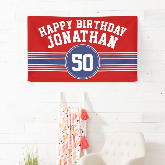 Happy Birthday Sports Stripes with Age - Red Blue Spandoek (Insitu)