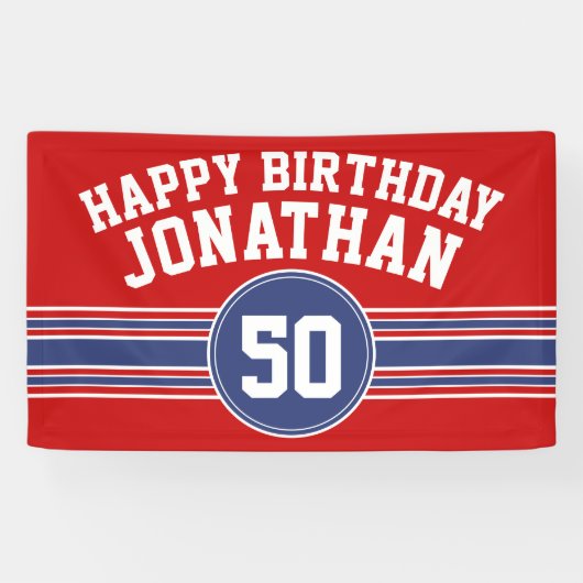 Happy Birthday Sports Stripes with Age - Red Blue Spandoek (Horizontaal)