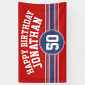 Happy Birthday Sports Stripes with Age - Red Blue Spandoek (Verticaal)