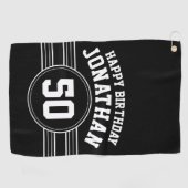 Happy Birthday Sports Stripes with Age White Black Golfhanddoek (Horizontaal)