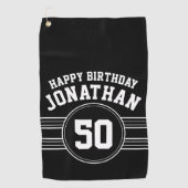 Happy Birthday Sports Stripes with Age White Black Golfhanddoek (Voorkant)