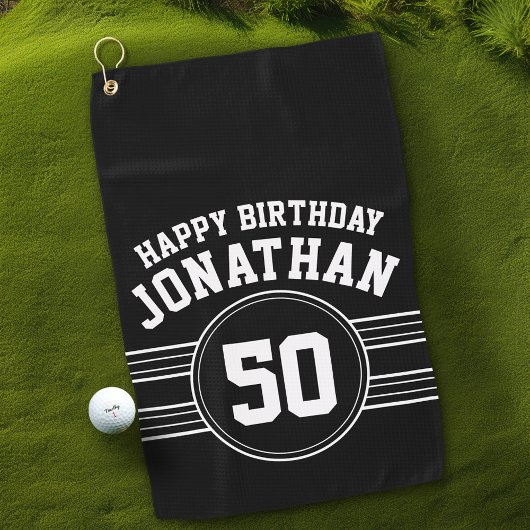 Happy Birthday Sports Stripes with Age White Black Golfhanddoek