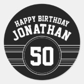 Happy Birthday Sports Stripes with Age White Black Ronde Sticker (Voorkant)