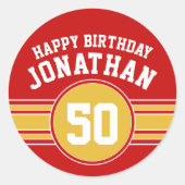 Happy Birthday Sportstripes met Goud Red Ronde Sticker (Voorkant)