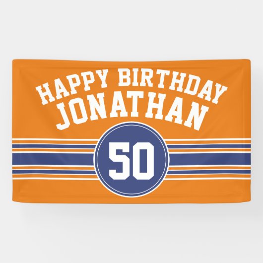 Happy Birthday Sportstripes met Leeftijd Oranje Bl Spandoek (Horizontaal)