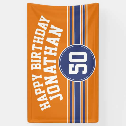 Happy Birthday Sportstripes met Leeftijd Oranje Bl Spandoek (Verticaal)