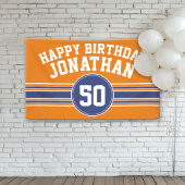 Happy Birthday Sportstripes met Leeftijd Oranje Bl Spandoek