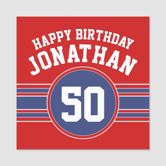 Happy Birthday Sportstripes met Leegrood Blauw Naamplaatje (Voorkant)