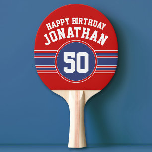 Happy Birthday Sportstripes met Leegrood Blauw Tafeltennisbatje