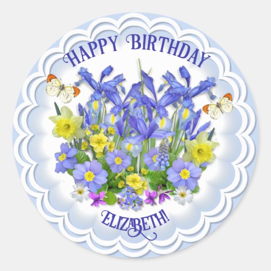 Happy Birthday Spring Flowers and Butterflies Cla Ronde Sticker (Voorkant)