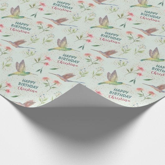 Happy Birthday Spring Flowers en Hummingbird Cadeaupapier (Hoek)
