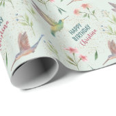 Happy Birthday Spring Flowers en Hummingbird Cadeaupapier (Rol Hoek)