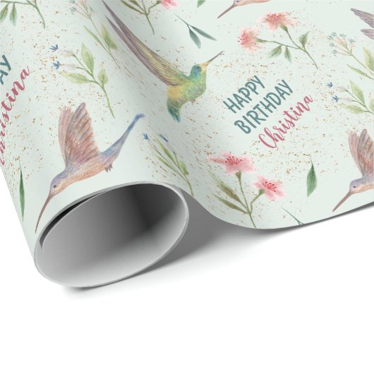 Happy Birthday Spring Flowers en Hummingbird Cadeaupapier (Rol Hoek)