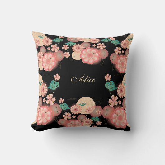 Happy Birthday Spring Peach flower Garden Monogram Kussen (Voorkant)