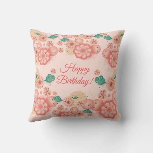 Happy Birthday Spring Peach flower Garden Monogram Kussen (Achterkant)