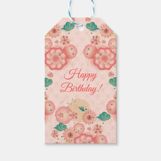 Happy Birthday - Spring Peach Flowers Garden Cadeaulabel (Voorkant)