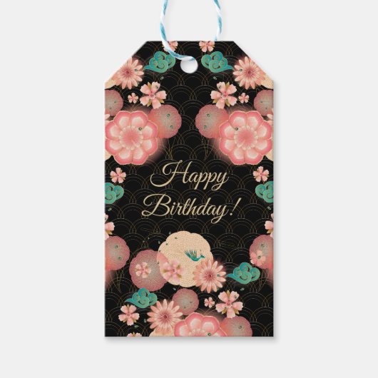 Happy Birthday - Spring Peach Flowers Garden Cadeaulabel (Voorkant)
