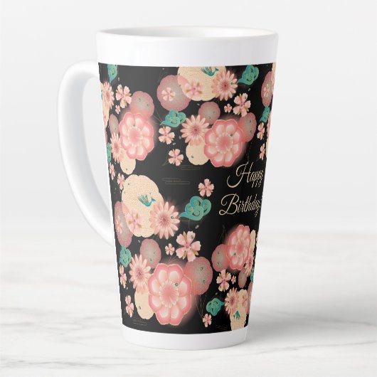 Happy Birthday - Spring Peach Flowers Garden Latte Mok (Linkerhoek)