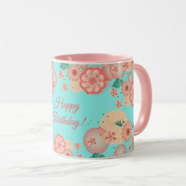 Happy Birthday Spring Peach Flowers Garden Pattern Mok