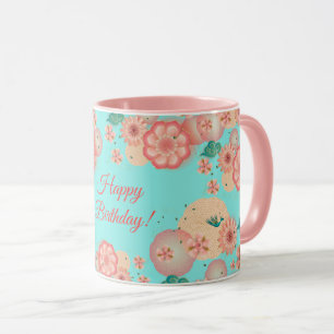 Happy Birthday Spring Peach Flowers Garden Pattern Mok