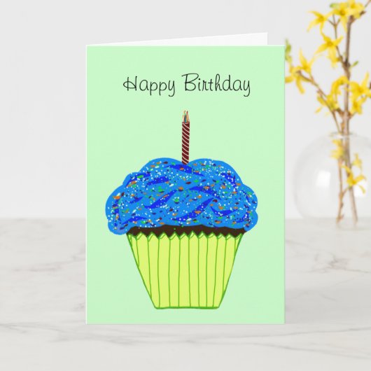 Happy Birthday Sprinsed Blue Cupcake Kaart (Gele Bloem)