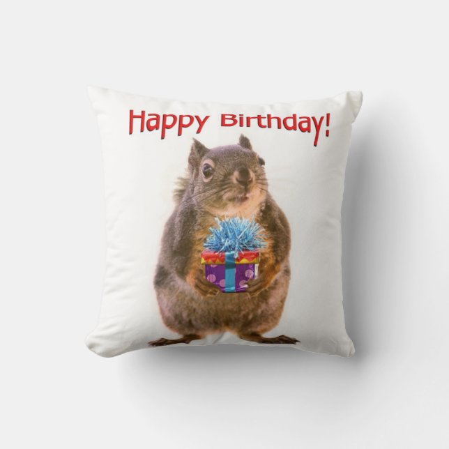 Happy Birthday Squirrel met Cadeau Kussen (Voorkant)