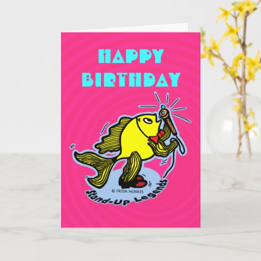 Happy Birthday stand-up Fish grappige roze kaart (Gele Bloem)
