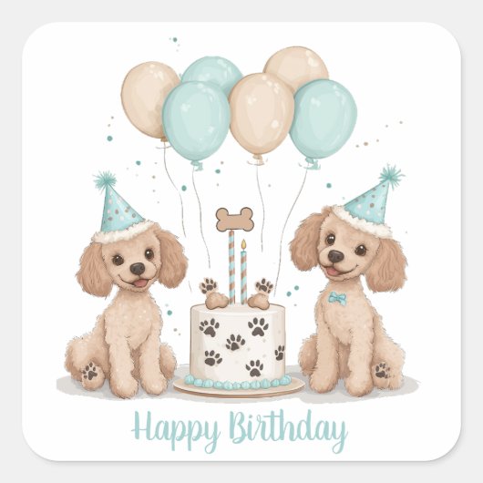 Happy Birthday Standaard Poedel Honden Vierkante Sticker (Voorkant)