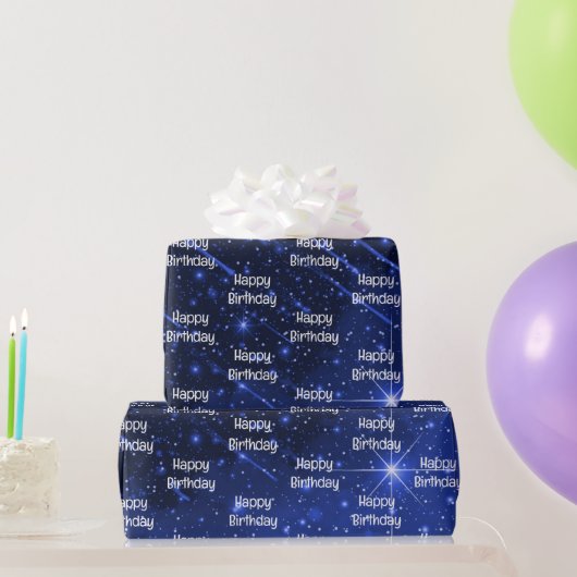 Happy Birthday Star Galaxy op blauw Cadeaupapier (Feestgeschenken)