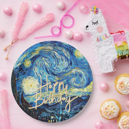 Happy Birthday, Starry Night fine art, Papieren Bordje (Feest)