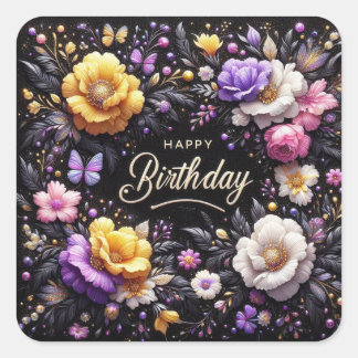 Happy Birthday Sticker: Elegant Zwart Vierkante Sticker
