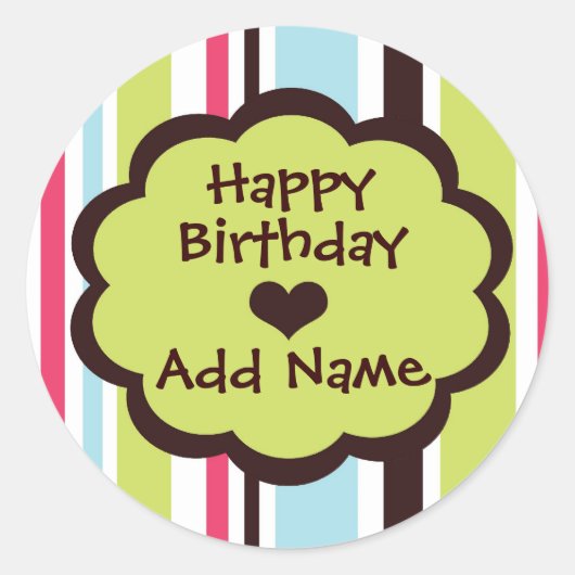 Happy Birthday Sticker in Funky Stripe (Voorkant)