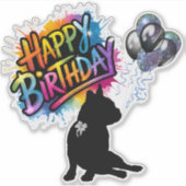 Happy Birthday sticker met frenchie en ballonnen (Voorkant)