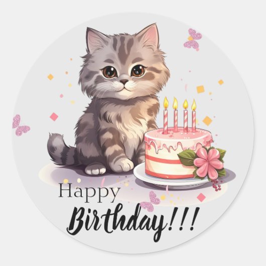 Happy birthday Sticker met leuke kitten en taart (Voorkant)