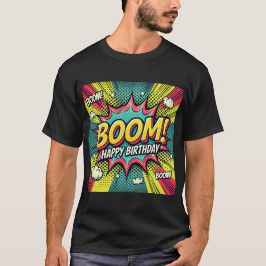 Happy Birthday stripboek boem T-shirt (Voorkant)