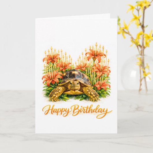 Happy Birthday Sulcata turtle with Orange Lilies Kaart (Gele Bloem)
