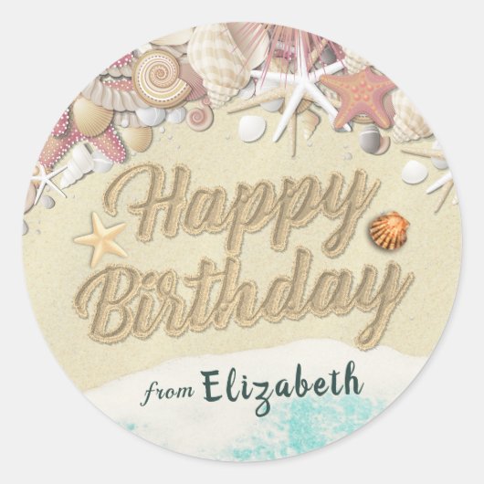 Happy Birthday Summer Beach Starfish Sea schelpen Ronde Sticker (Voorkant)
