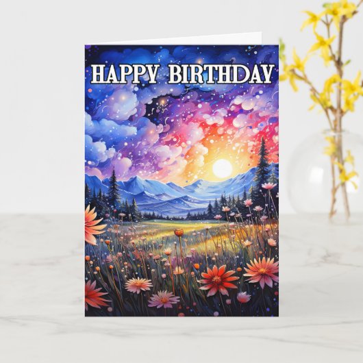 Happy Birthday Sundown Buitenlandschap Kaart (Gele Bloem)