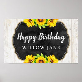 Happy Birthday Sunflower & Rustic Wood Party Decor Poster