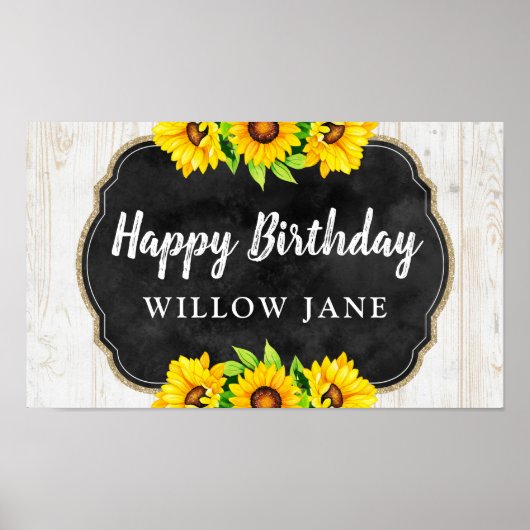 Happy Birthday Sunflower & Rustic Wood Party Decor Poster (Voorkant)