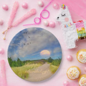 Happy Birthday Sunset Path to Beach Papieren Bordje (Feest)