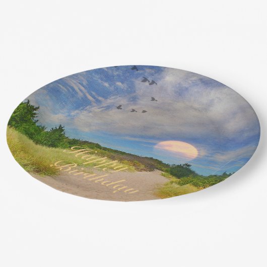 Happy Birthday Sunset Path to Beach Papieren Bordje (Gekanteld)