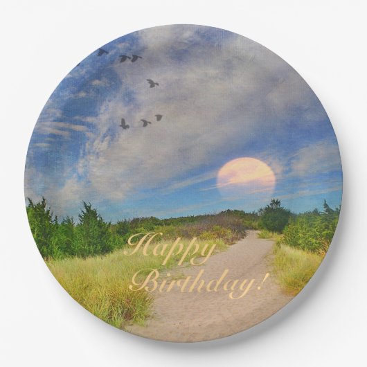 Happy Birthday Sunset Path to Beach Papieren Bordje (Voorkant)