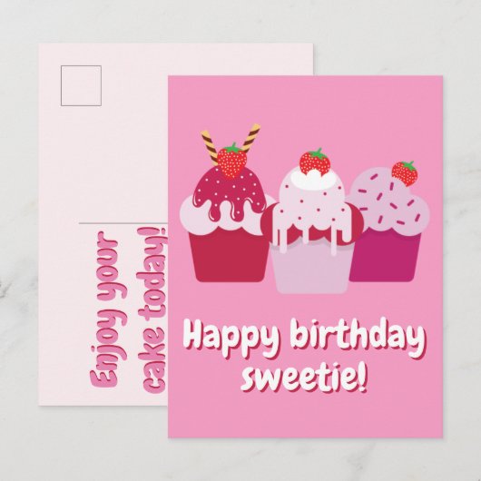 Happy Birthday Sweetie Cute Strawberry Shortcakes Briefkaart (Voorkant / Achterkant)